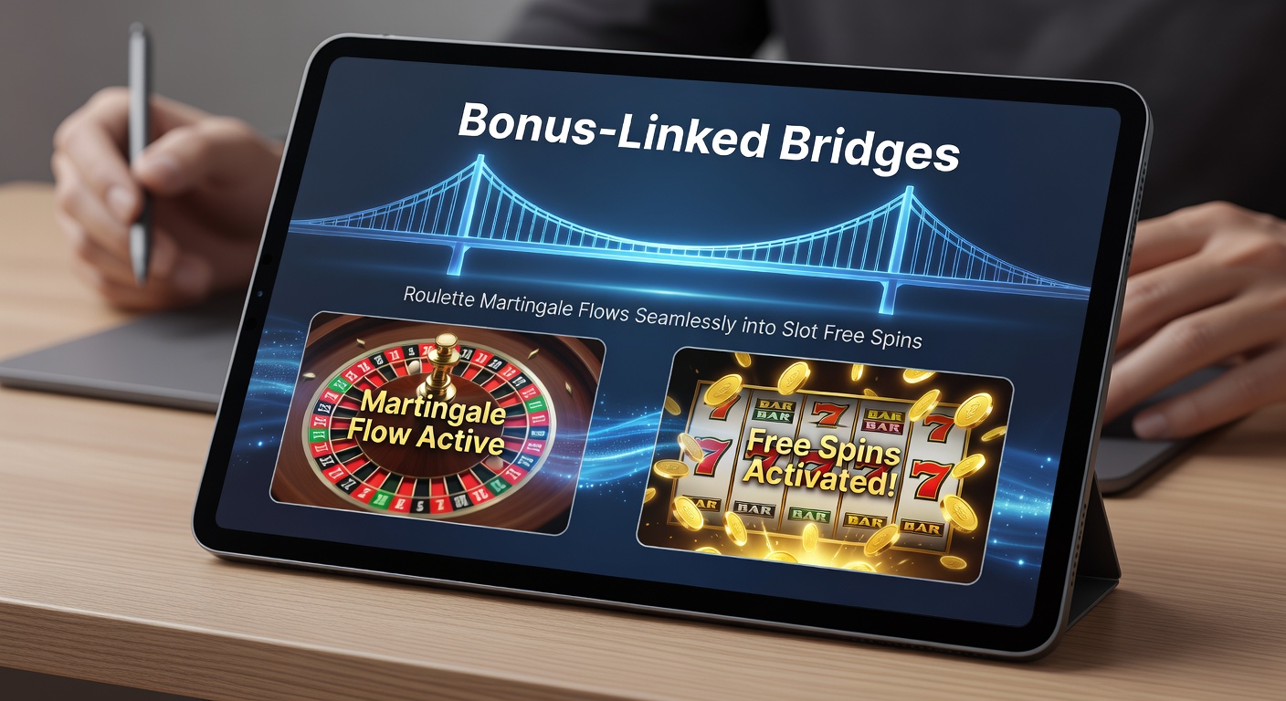 Close-up of mobile app interface showing Martingale bet progression linking to activated slot free spins, with bonus bridge animation