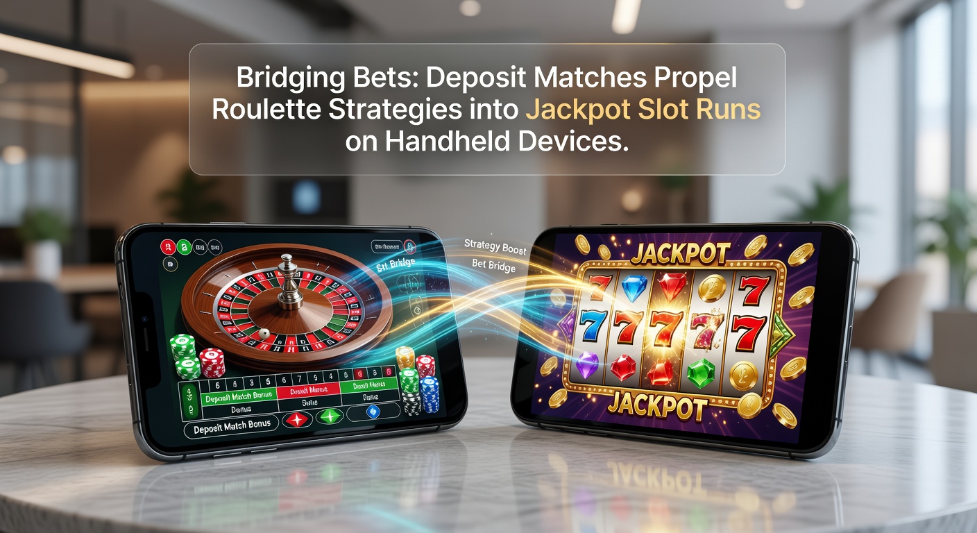 Smartphone screen displaying a deposit match bonus interface alongside roulette wheel and jackpot slot reels, illustrating seamless game transitions on handheld devices