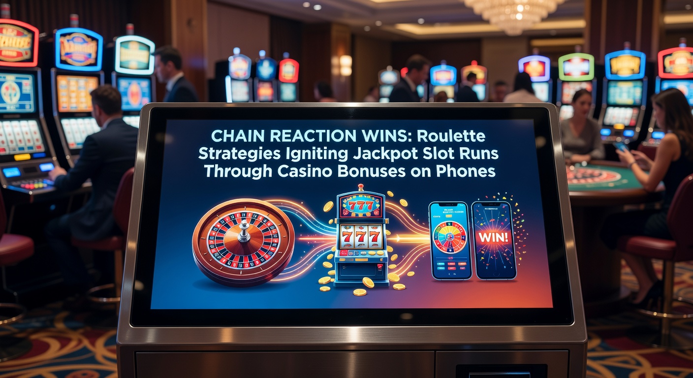 Mobile phone screen displaying a roulette wheel spinning alongside jackpot slot reels, with bonus notifications overlayed, illustrating chain reaction gameplay