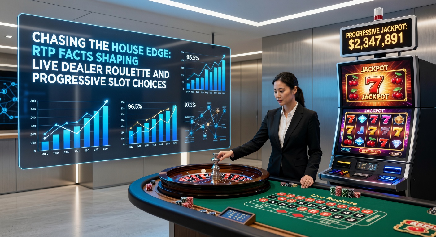 Vibrant live dealer roulette table with spinning wheel and progressive slot machine jackpot display in the background, highlighting key RTP metrics on screen overlays