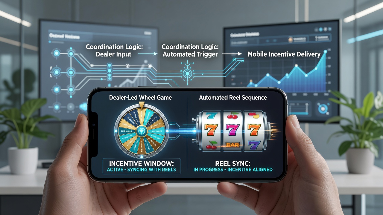 Mobile interface displaying synchronized bonus windows for wheel games and reel sequences