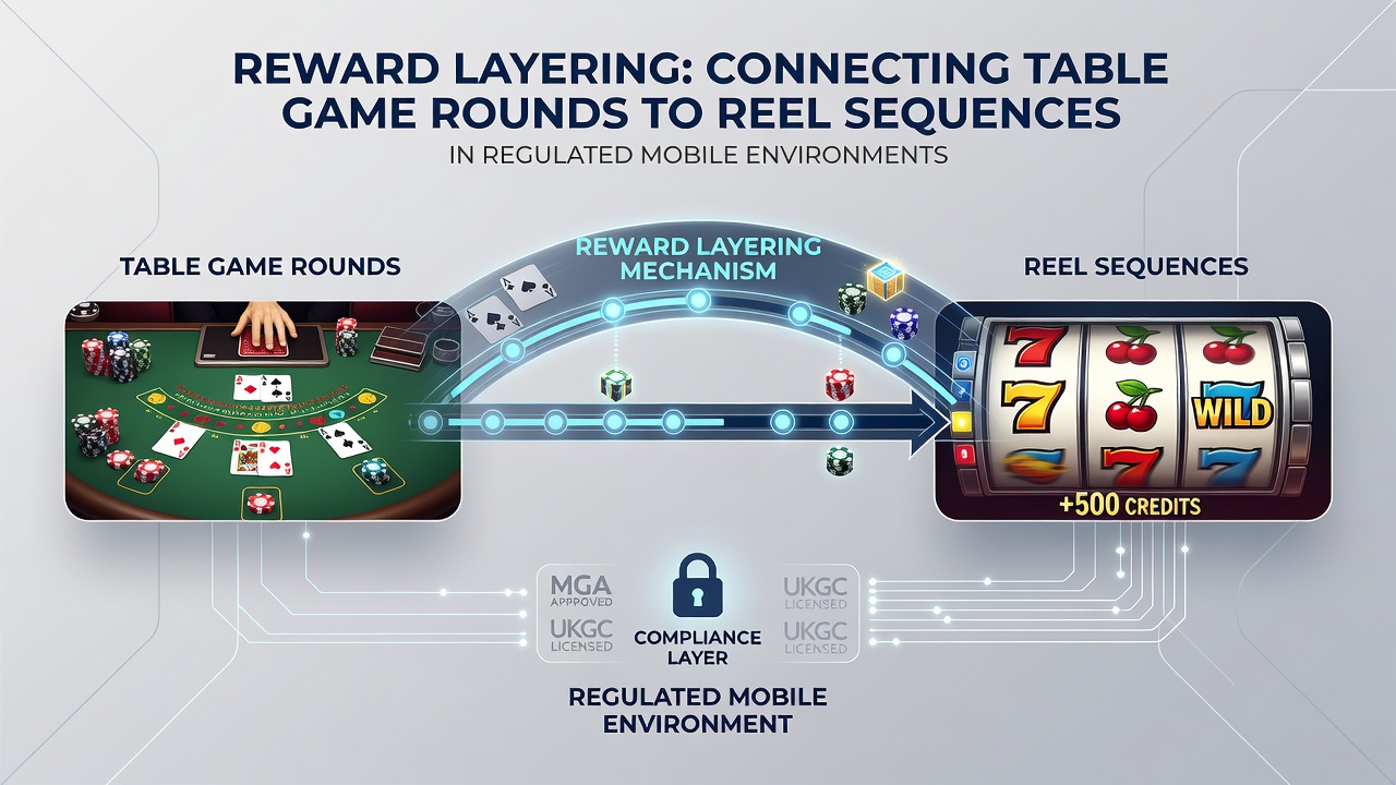 Mobile screen capture illustrating connected gameplay between roulette table and slot reels with layered rewards active