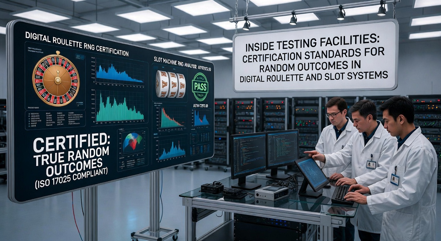 Testing facility technicians examining RNG hardware modules for digital roulette and slot systems during certification procedures