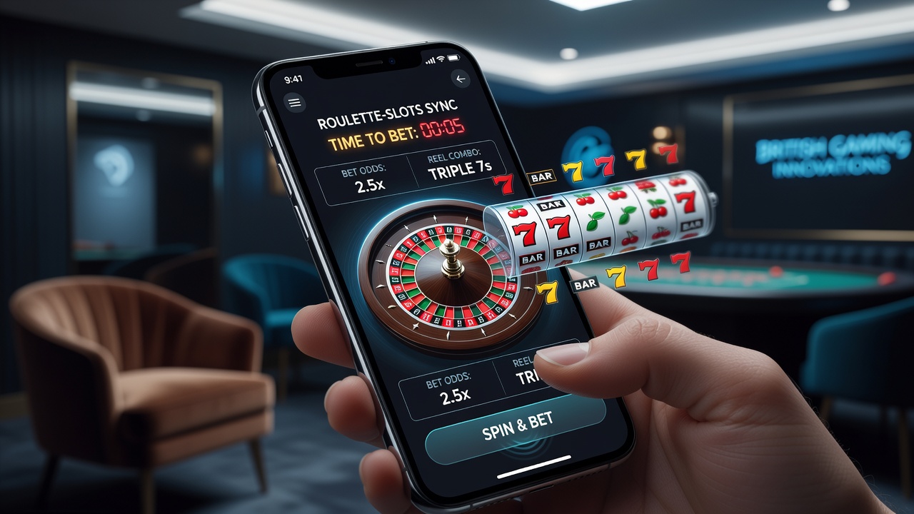Mobile app interface showing synchronized roulette betting and slot reel controls on a smartphone screen in Britain