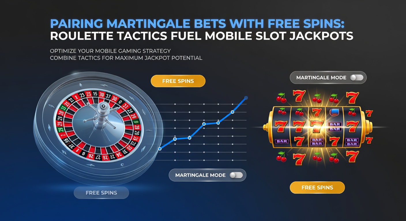 Close-up of a mobile casino app interface displaying Martingale bet progression on roulette overlaid with exploding free spins on a jackpot slot, coins cascading across the screen