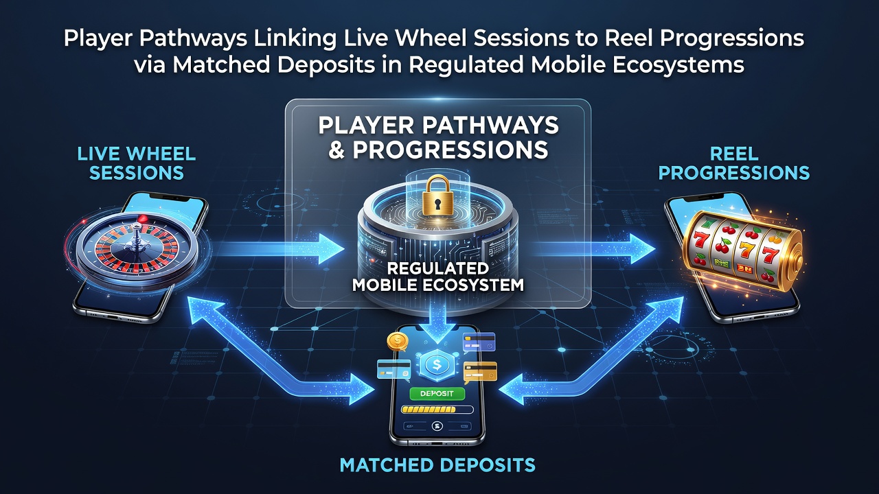 Mobile casino interface showing live roulette wheel transitioning to slot reels with deposit match indicators