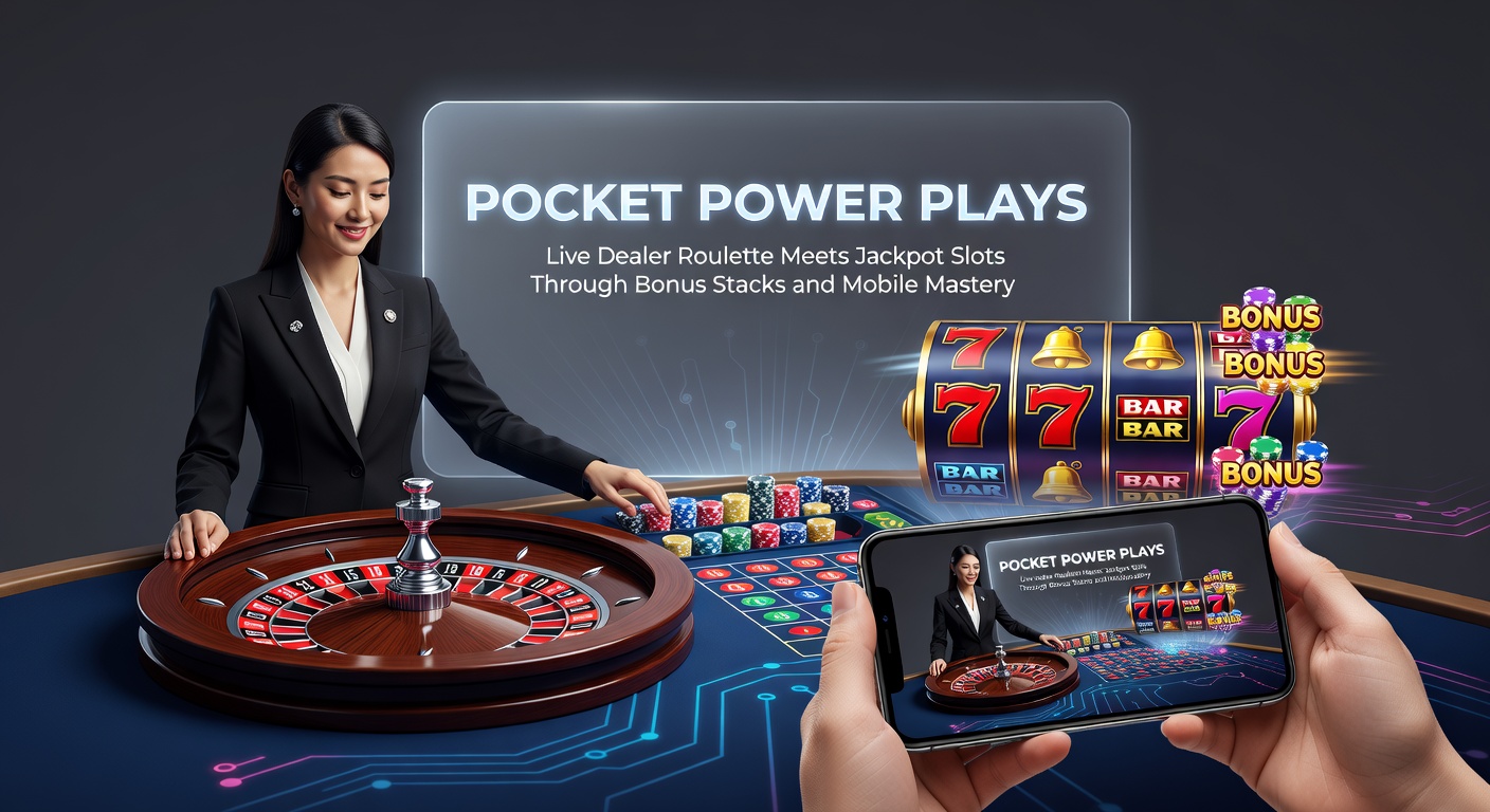 Close-up of a jackpot slot wheel merging with a live roulette layout on a smartphone, bonus stacks illustrated as glowing energy bars