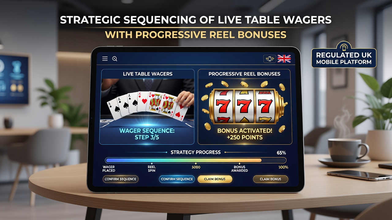 Close-up of mobile interface displaying sequenced wager progress between live table and progressive slots