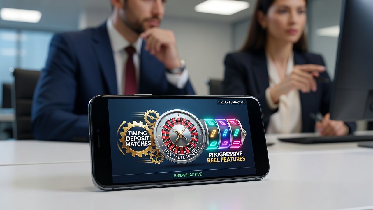 Smartphone screen displaying coordinated bonus timing between live dealer roulette and progressive slot features in a British casino app