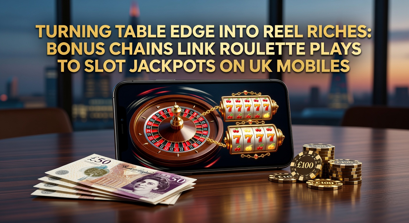 Mobile screen showing roulette wheel transitioning to glowing slot reels with bonus chain links connecting them, highlighting jackpot symbols on a UK casino app