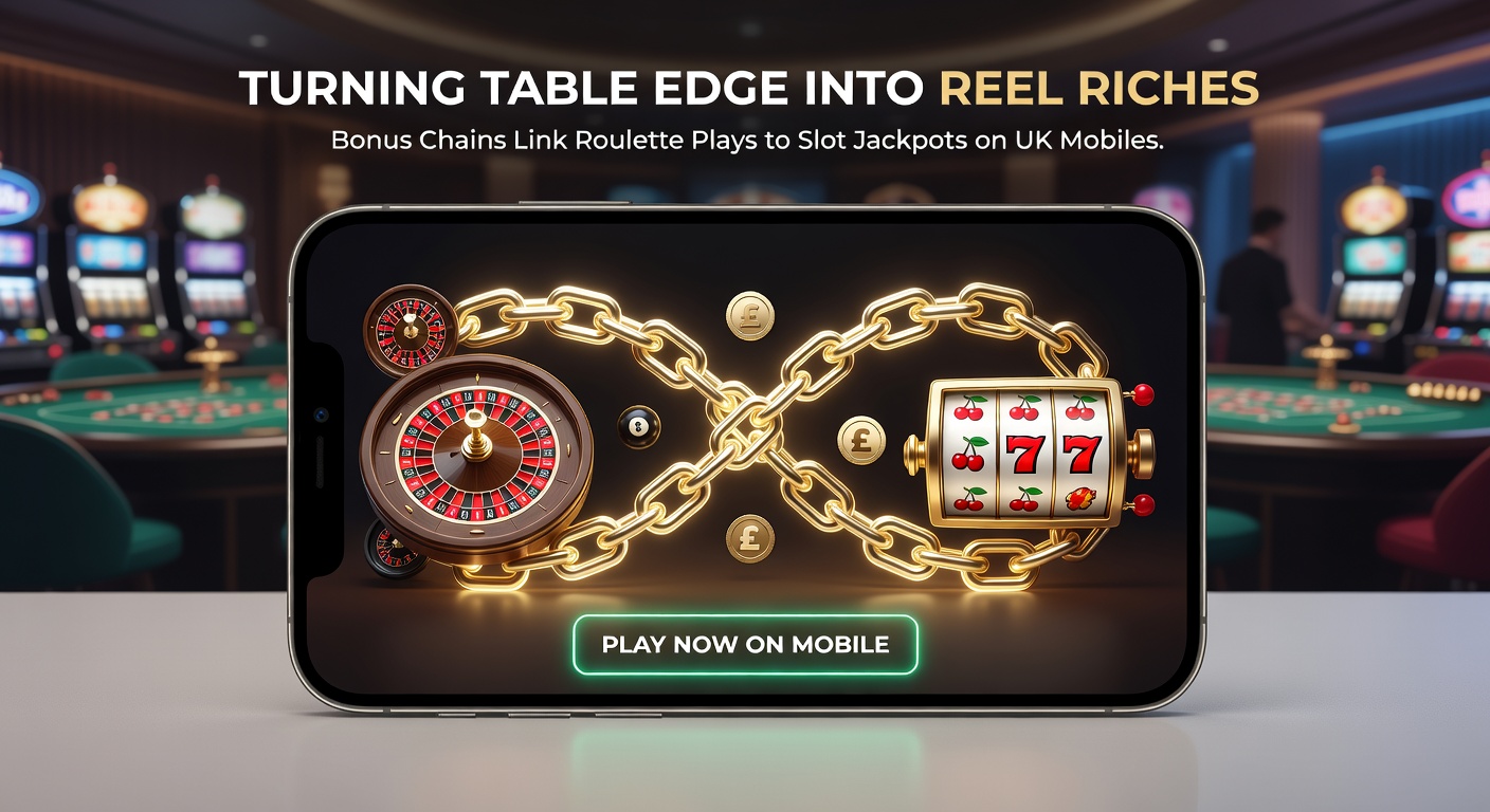 Close-up of a smartphone displaying a bonus chain progress bar, with roulette bets converting to slot free spins and jackpot meters filling up on a vibrant UK mobile casino interface